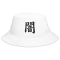 White bucket hat with Darkness Kanji Symbol embroidered artwork, front view