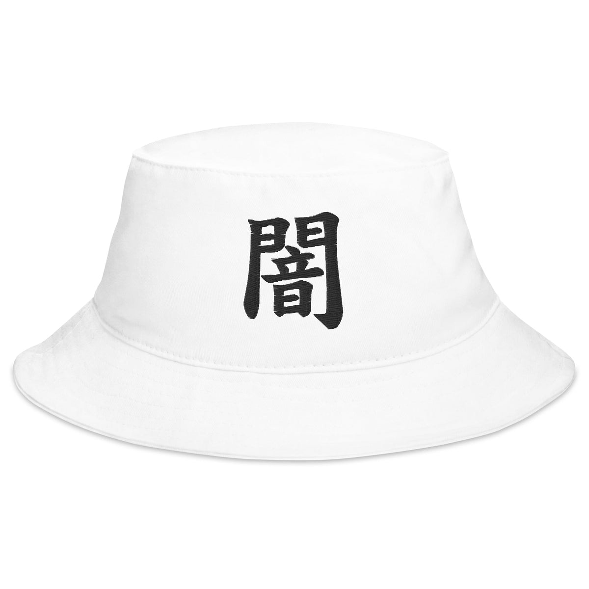 White bucket hat with Darkness Kanji Symbol embroidered artwork, front view
