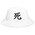 White bucket hat with Death Kanji Symbol embroidered artwork, front view