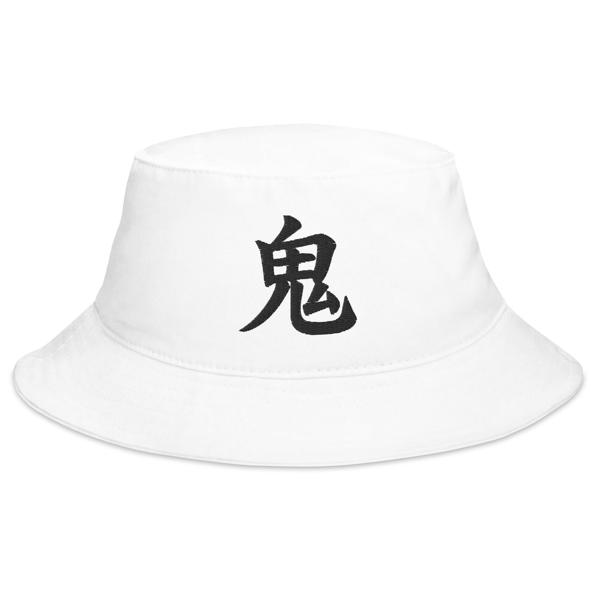 White bucket hat with Demon Kanji Symbol embroidered artwork, front view