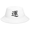 White bucket hat with Luck Kanji Symbol embroidered artwork, front view