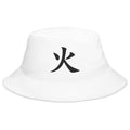 White bucket hat with Fire Kanji Symbol embroidered artwork, front view