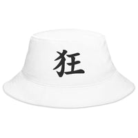 White bucket hat with Madness Kanji Symbol embroidered artwork, front view