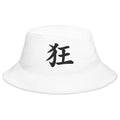 White bucket hat with Madness Kanji Symbol embroidered artwork, front view