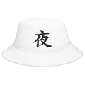 White bucket hat with Night Kanji Symbol embroidered artwork, front view