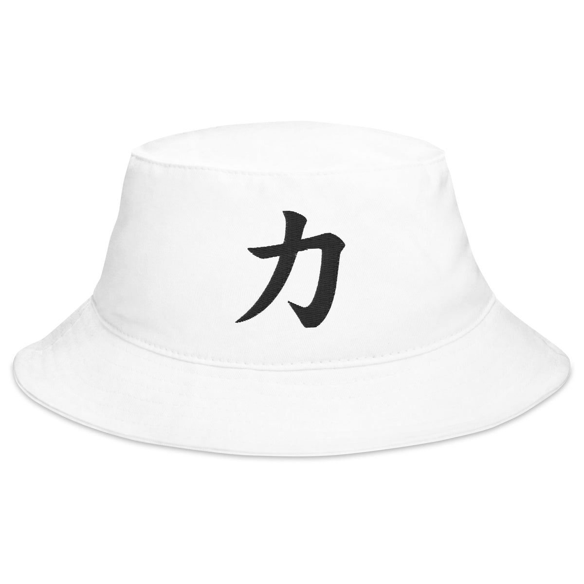 White bucket hat with Power Kanji Symbol embroidered artwork, front view
