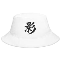 White bucket hat with Shadow Kanji Symbol embroidered artwork, front view
