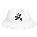 White bucket hat with Warrior Kanji Symbol embroidered artwork, front view
