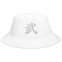 White bucket hat with Japanese Kanji Warrior embroidered artwork, front view