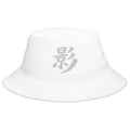 White bucket hat with Japanese Kanji Shadow embroidered artwork, front view