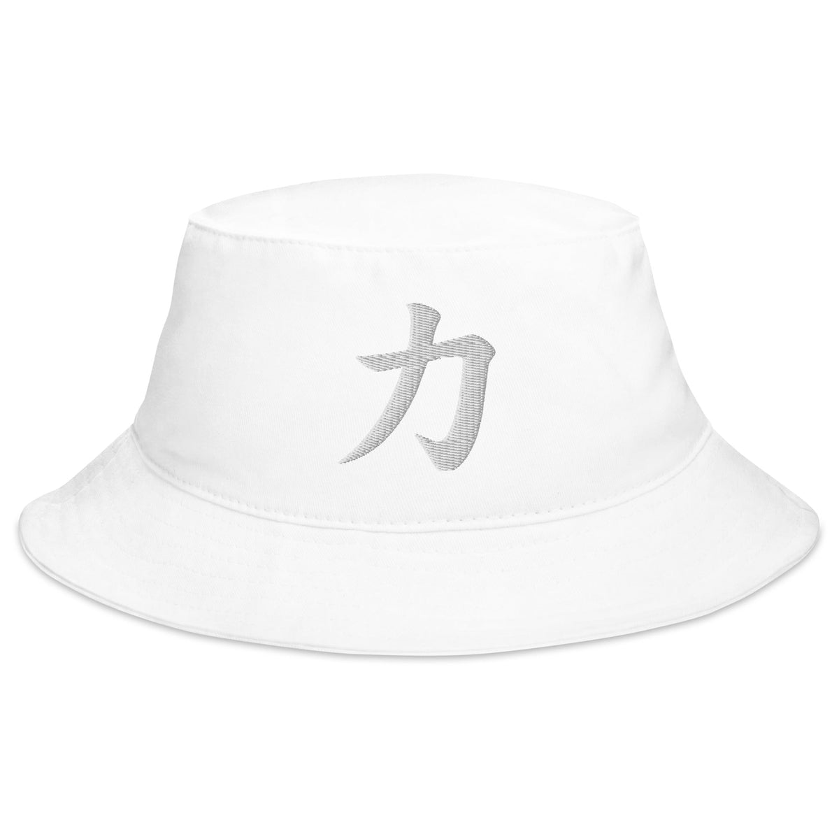 White bucket hat with Japanese Kanji Power embroidered artwork, front view