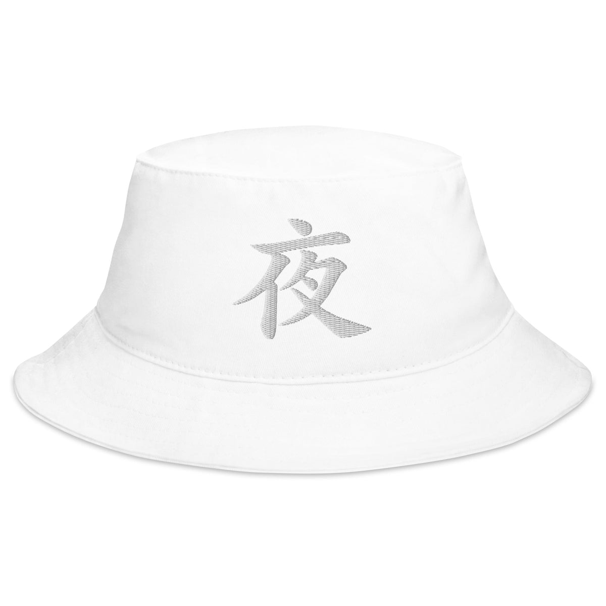 White bucket hat with Japanese Kanji Night embroidered artwork, front view
