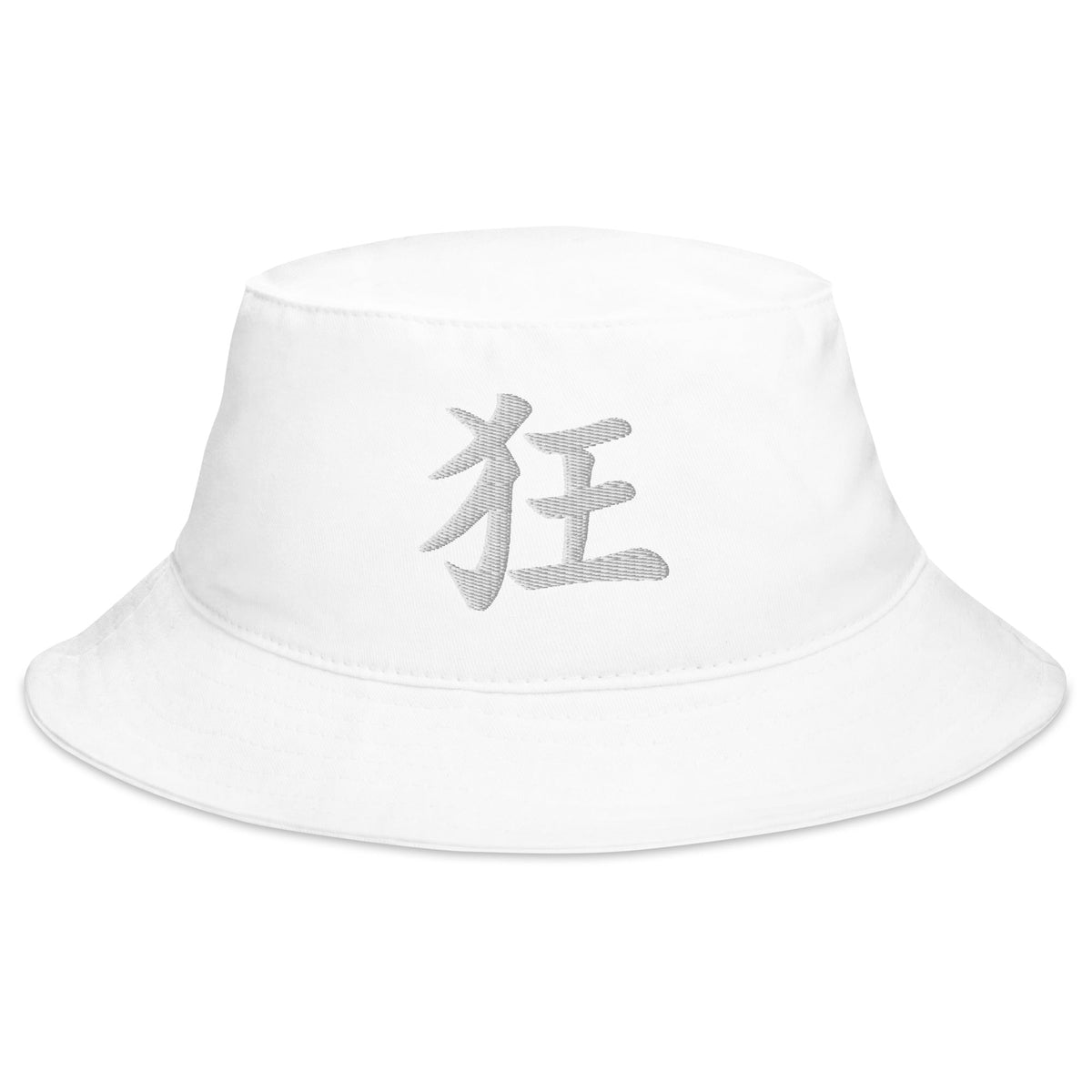 White bucket hat with Japanese Kanji Madness embroidered artwork, front view