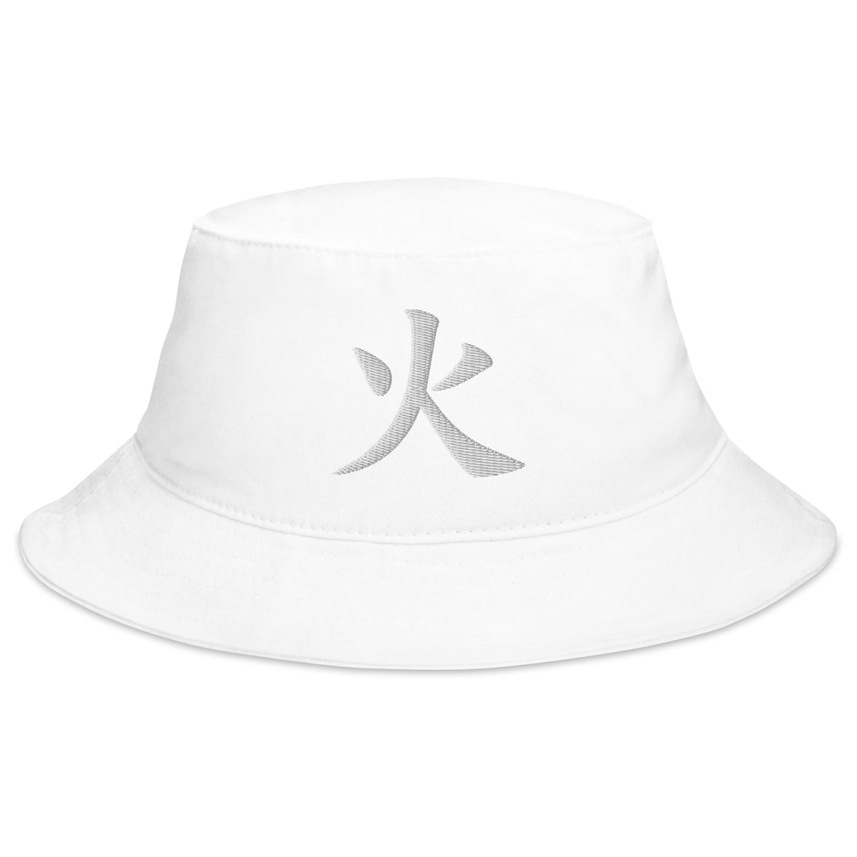 White bucket hat with Japanese Kanji Fire embroidered artwork, front view