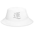 White bucket hat with Japanese Kanji Luck embroidered artwork, front view