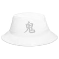 White bucket hat with Japanese Kanji Demon embroidered artwork, front view