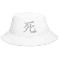 White bucket hat with Japanese Kanji Death embroidered artwork, front view