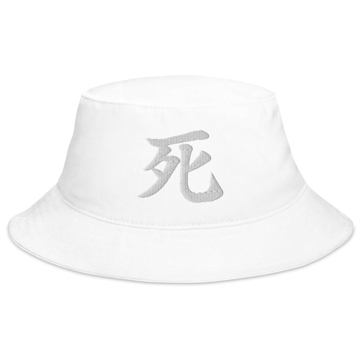 White bucket hat with Japanese Kanji Death embroidered artwork, front view