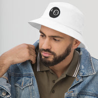 White bucket hat with Black 8 Ball Billiards embroidered artwork, left-front view