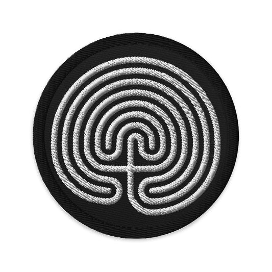 Circular embroidered patch featuring Ancient Labyrinth Maze, front view