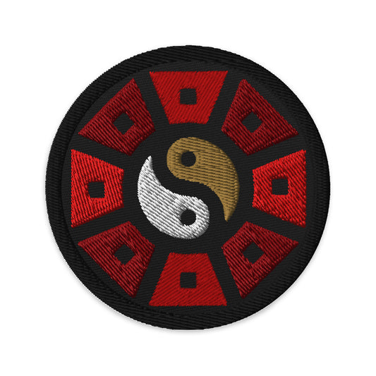 Circular embroidered patch featuring Yin Yang Chinese Wheel, front view