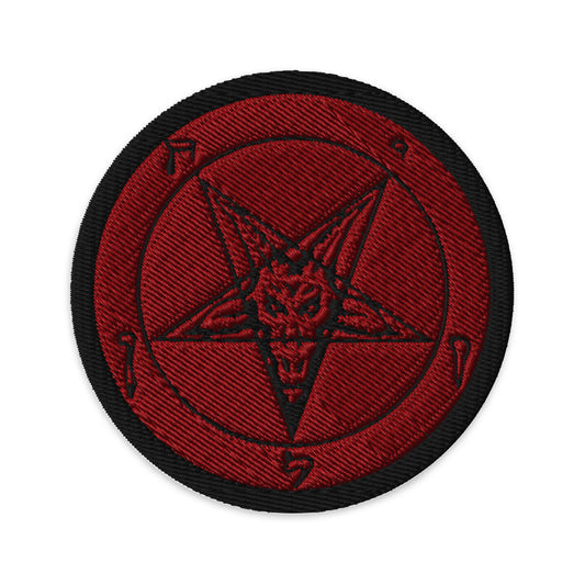 Circular embroidered patch featuring Red Baphomet Sigil, front view
