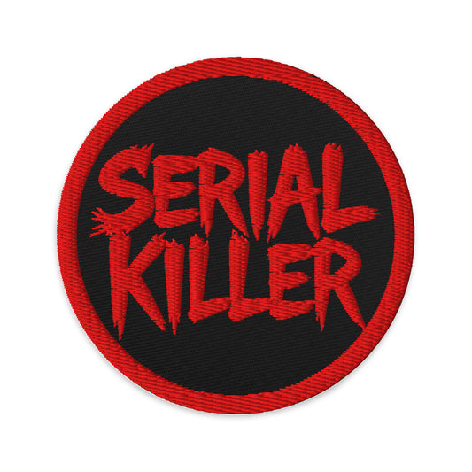 Circular embroidered patch featuring Red Serial Killer True Crime, front view