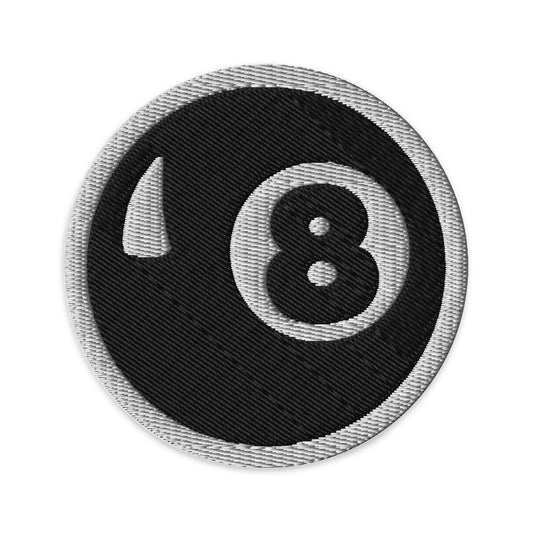 Circular embroidered patch featuring Black 8 Ball Billiards Embroidered, front view