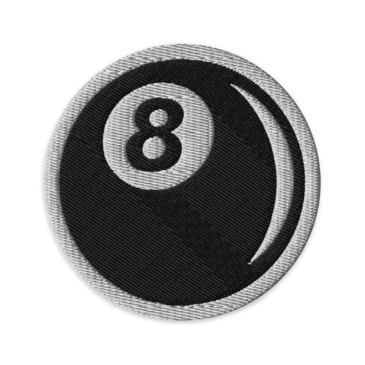 Circular embroidered patch featuring 8 Ball Billiards Embroidered, front view