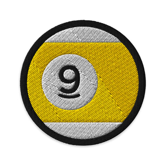 Circular embroidered patch featuring 9 Ball Line Billiards Embroidered, front view