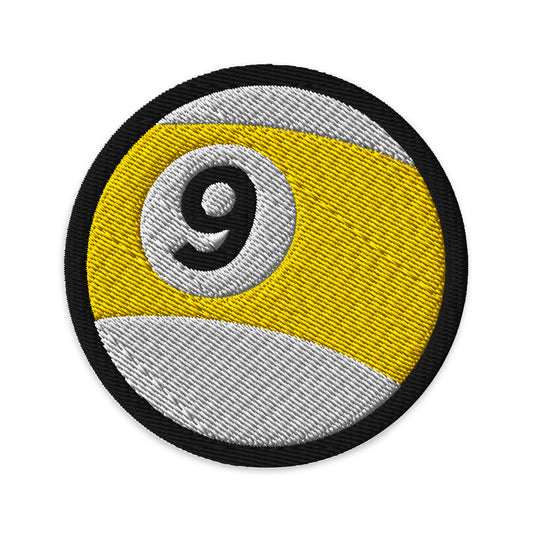 Circular embroidered patch featuring 9 Ball Billiards Embroidered, front view
