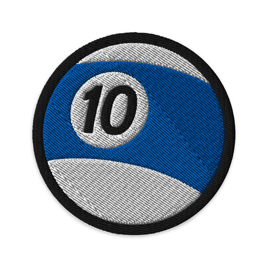 Circular embroidered patch featuring 10 Ball Billiards Embroidered, front view