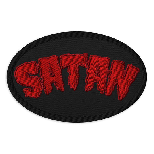 Oval embroidered patch featuring Satan Blood Drip, front view