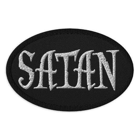 Oval embroidered patch featuring White Satan Pure Evil, front view