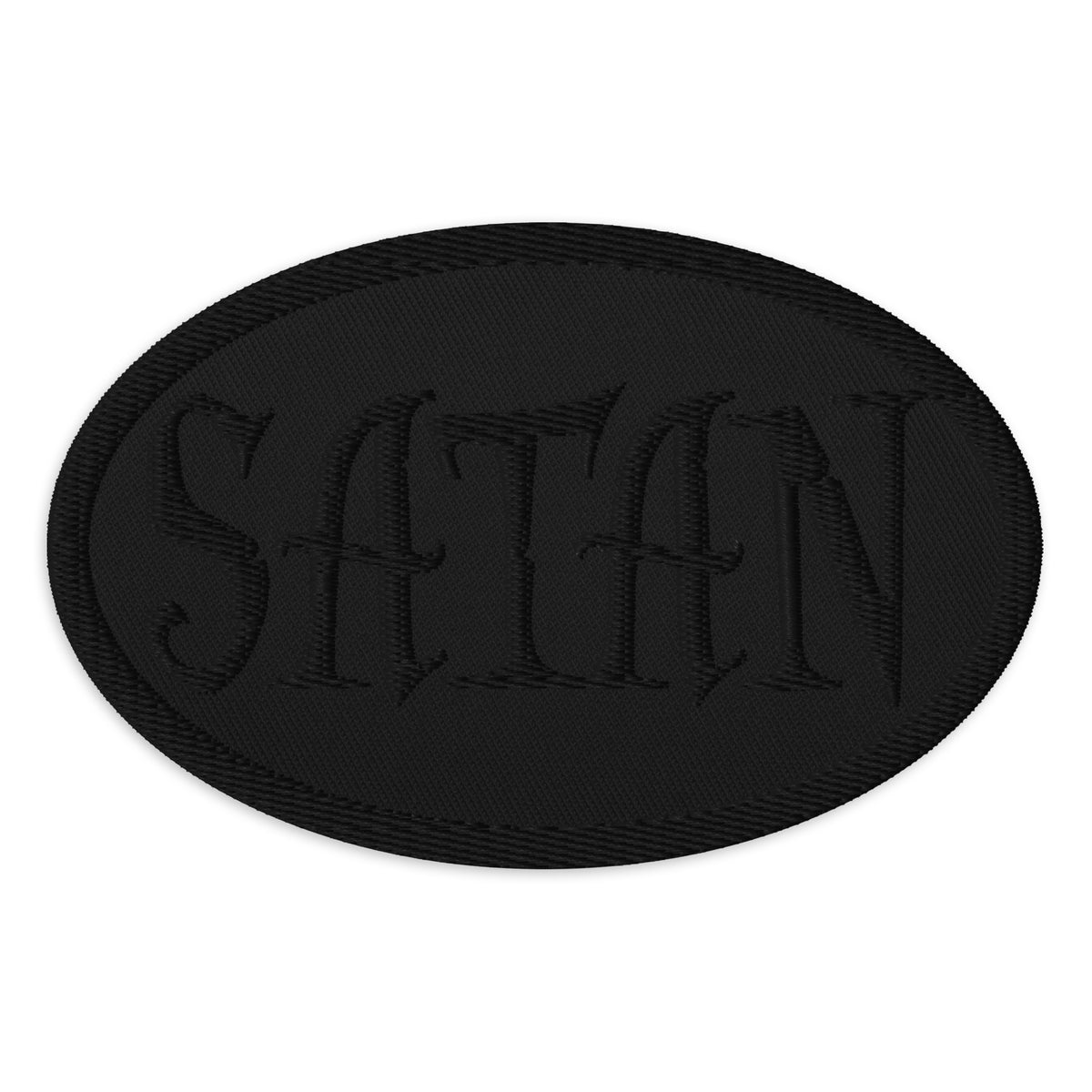 Oval embroidered patch featuring Black Satan Pure Evil, front view