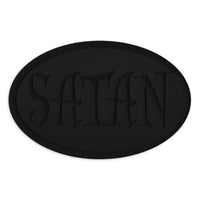 Oval embroidered patch featuring Black Satan Pure Evil, front view