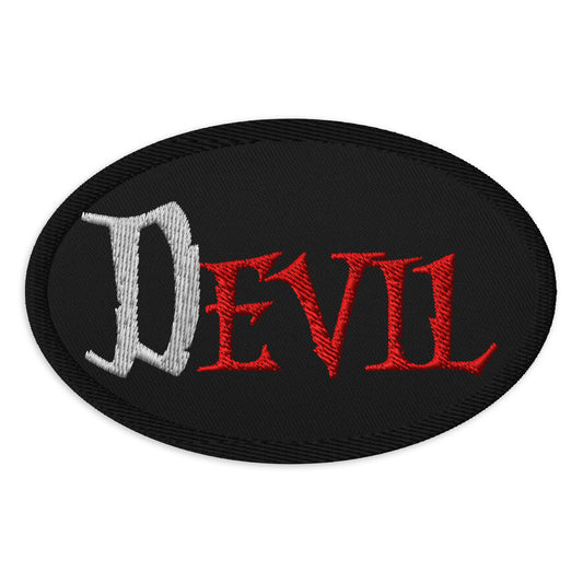 Oval embroidered patch featuring The Devil Is Evil, front view