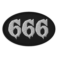 Oval embroidered patch featuring White 666 Number of the Beast, front view