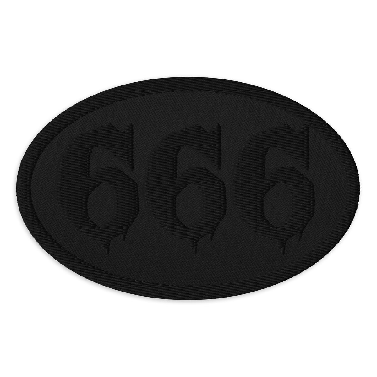 Oval embroidered patch featuring Black 666 Number of the Beast, front view