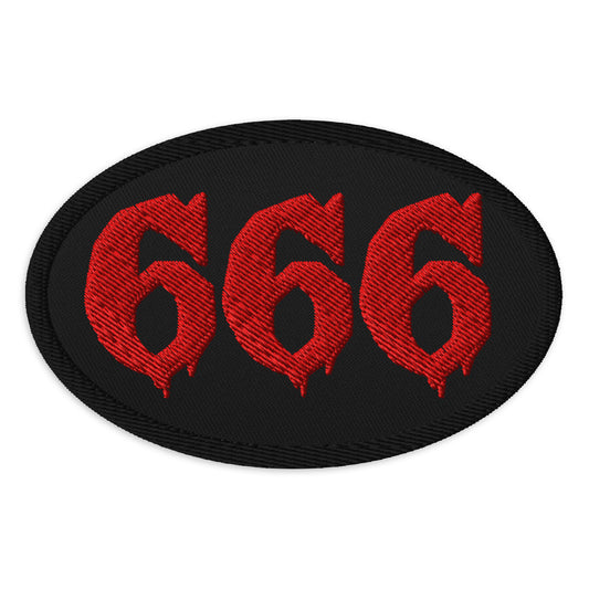 Oval embroidered patch featuring Red 666 Number of the Beast, front view