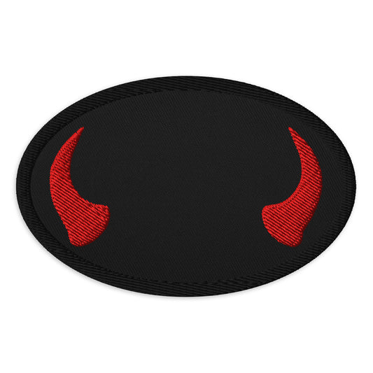 Oval embroidered patch featuring Red Devil Horns, front view