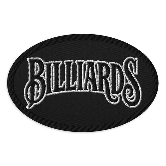 Oval embroidered patch featuring Billiards Pool Hall Embroidered, front view