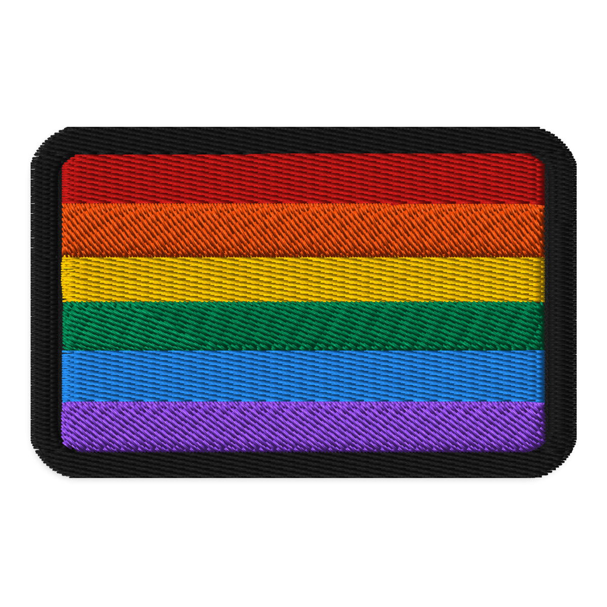 Rectangle embroidered patch featuring Rainbow Pride Flag, front view