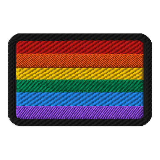 Rectangle embroidered patch featuring Rainbow Pride Flag, front view