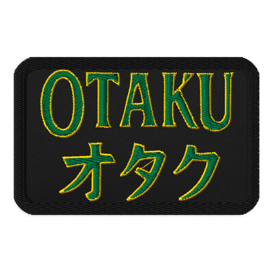 Rectangle embroidered patch featuring Otaku オタク, front view