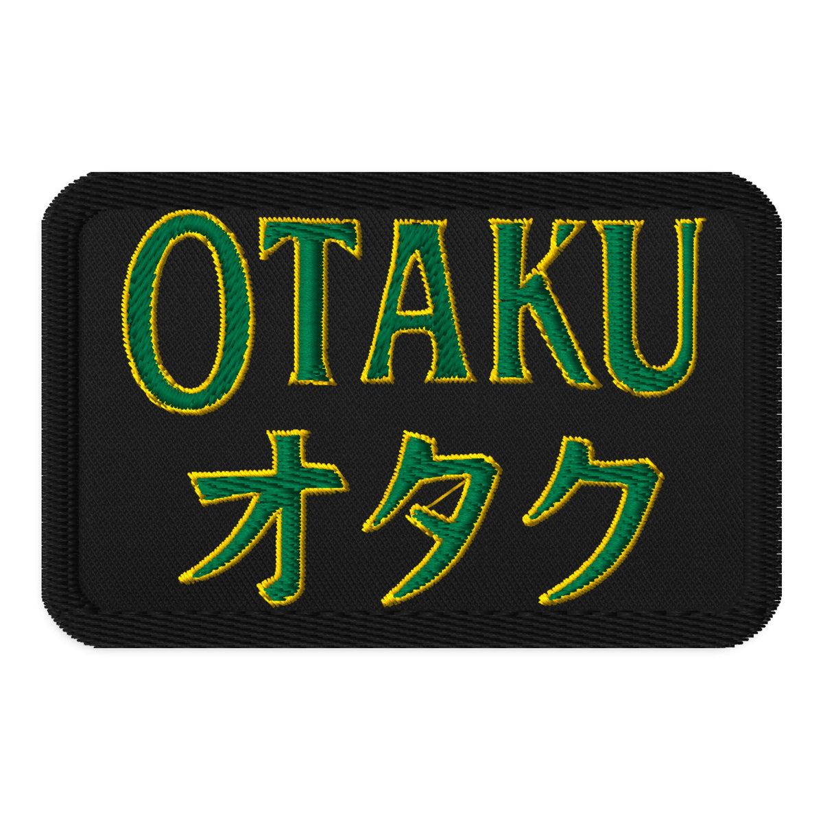 Rectangle embroidered patch featuring Otaku オタク, front view