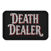 Rectangle embroidered patch featuring Death Dealer, front view