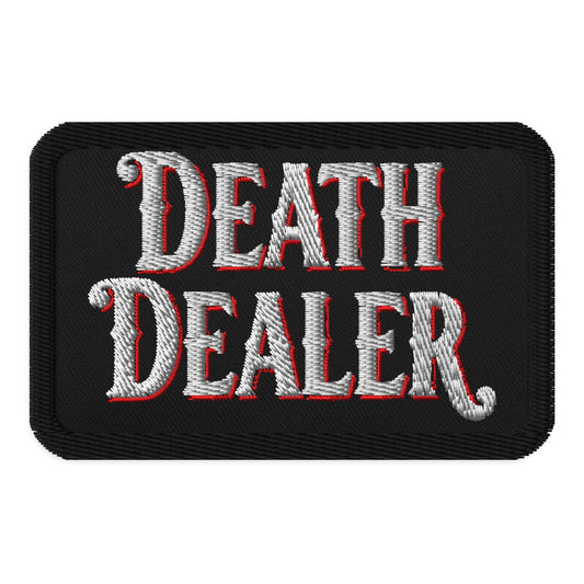 Rectangle embroidered patch featuring Death Dealer, front view