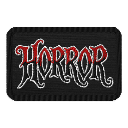 Rectangle embroidered patch featuring HORROR Iron On, front view