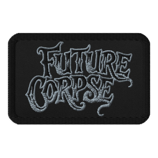 Rectangle embroidered patch featuring Future Corpse Funeral Iron On, front view